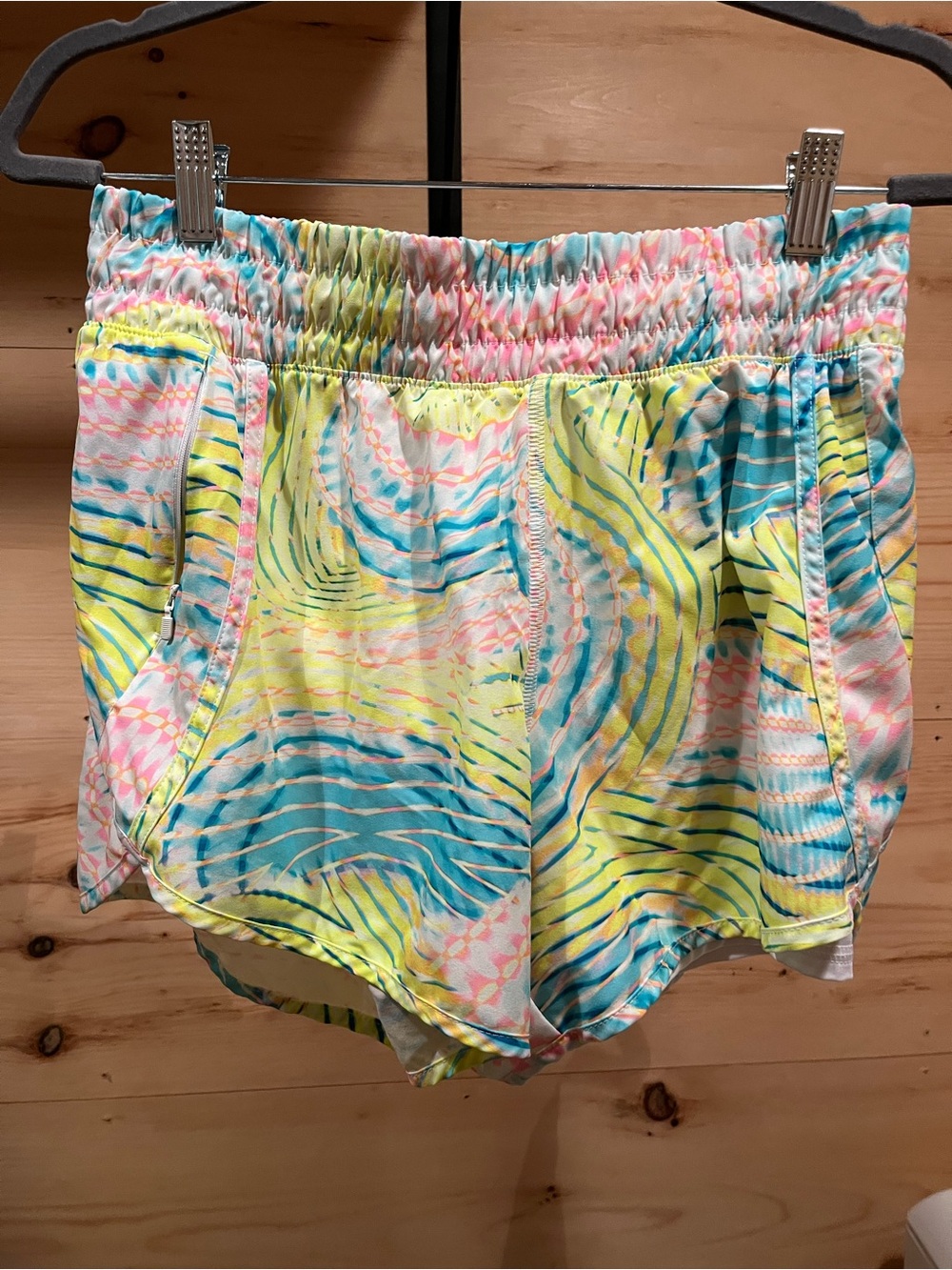 Avia Multicolor Wave-Print Athletic Shorts in Blue, Yellow & Pink
